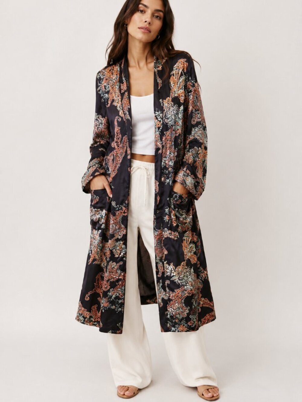 Aritzia Wilfred Pilier Satin Duster Kimono XS Blue Paisley Print Long Sleeve